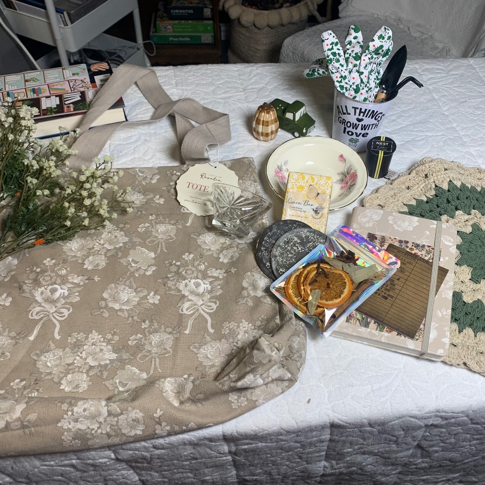 Cottage core Mystery book Bag tote bundle with candle, crystal dish, bowl, more